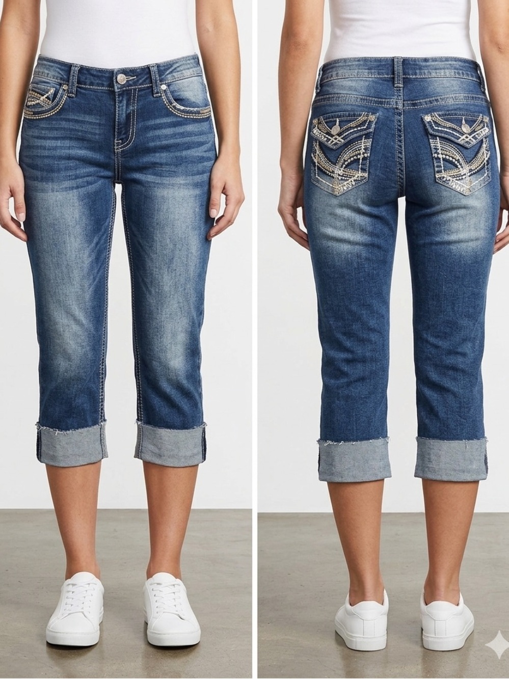 No Boundaries Dark Blue Cropped Jeans with Studded Pocket Trim